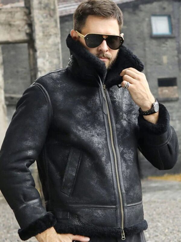 Mens Winter Style Black Snuff Faux Fur Real Leather Jacket