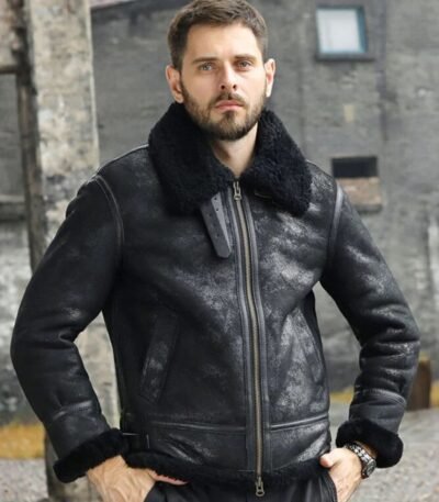 Mens Winter Style Black Snuff Faux Fur Real Leather Jacket