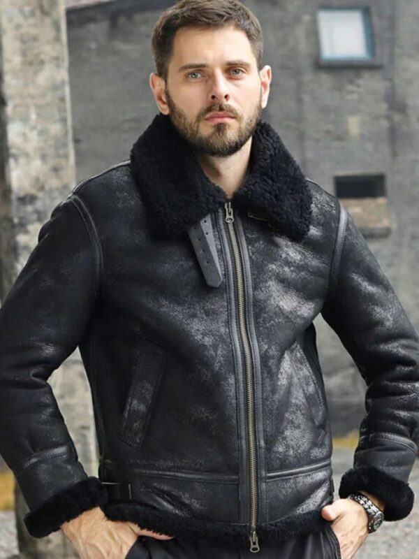 Mens Winter Style Black Snuff Faux Fur Real Leather Jacket