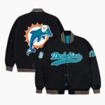 Miami Dolphins Aqua and Orange Rib Bomber Black Jacket