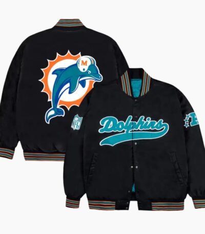 Miami Dolphins Aqua and Orange Rib Bomber Black Jacket
