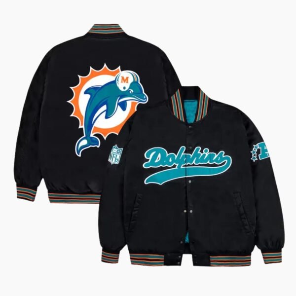Miami Dolphins Aqua and Orange Rib Bomber Black Jacket