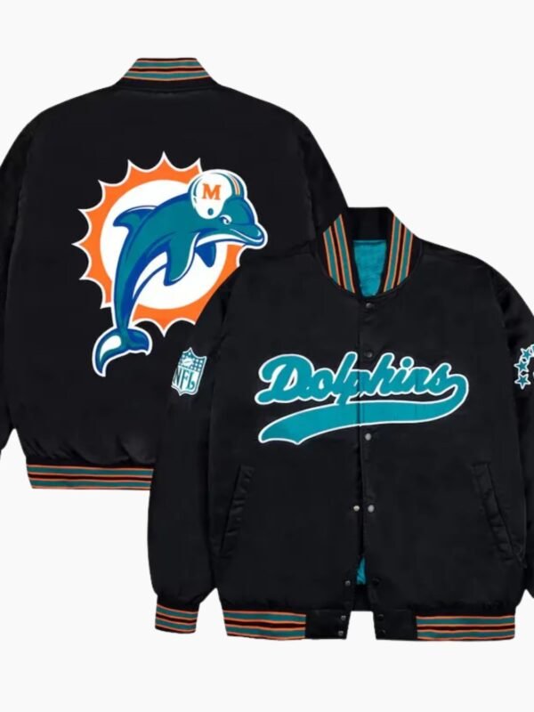 Miami Dolphins Aqua and Orange Rib Bomber Black Jacket
