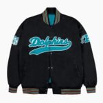 Miami Dolphins Aqua and Orange Rib Bomber Black Jacket