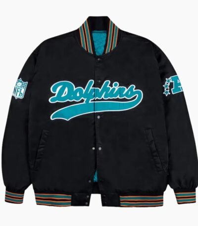 Miami Dolphins Aqua and Orange Rib Bomber Black Jacket