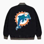 Miami Dolphins Aqua and Orange Rib Bomber Black Jacket