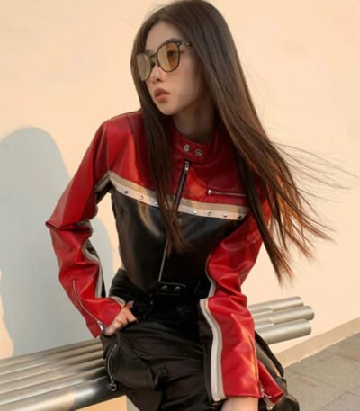 Multi Color Biker Style Crop Real Leather Jacket Women
