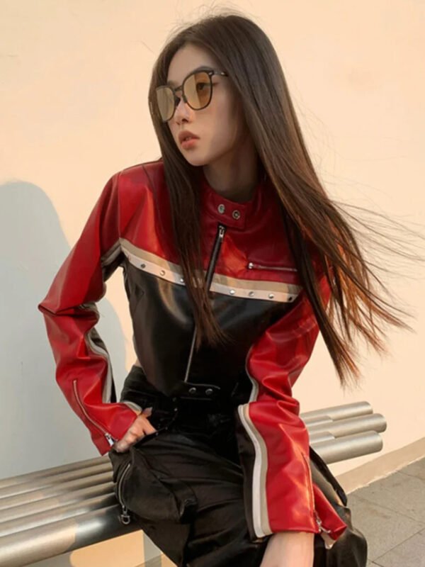 Multi Color Biker Style Crop Real Leather Jacket Women