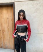 Multi Color Biker Style Crop Real Leather Jacket Women