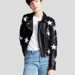 Multi Stars Black Leather Jacket For Women