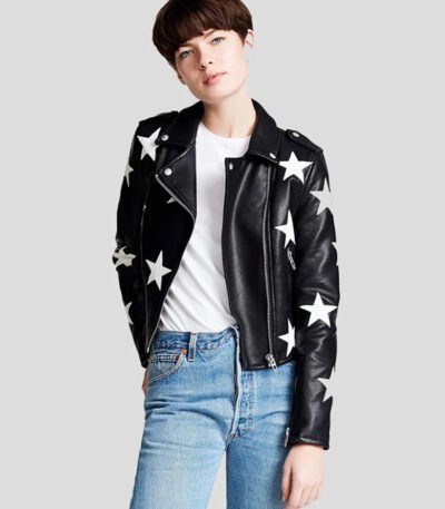 Multi Stars Black Leather Jacket For Women