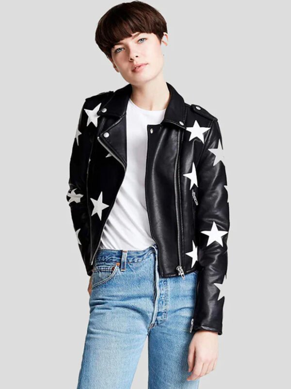 Multi Stars Black Leather Jacket For Women