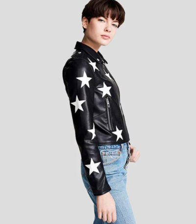 Multi Stars Black Leather Jacket For Women