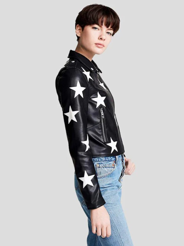 Multi Stars Black Leather Jacket For Women