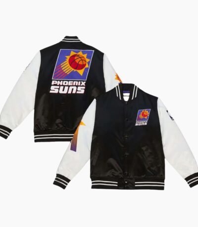 NBA Men's Black White Phoenix Suns Team Origins Satin Full Snap Varsity Jacket