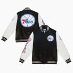 NBA Philadelphia 76ers Team Origins Satin Full Snap Varsity Jacket Black