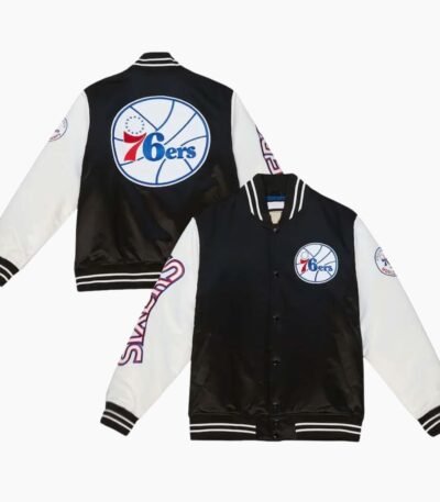 NBA Philadelphia 76ers Team Origins Satin Full Snap Varsity Jacket Black