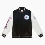 NBA Philadelphia 76ers Team Origins Satin Full Snap Varsity Jacket Black
