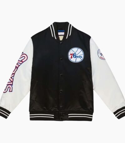 NBA Philadelphia 76ers Team Origins Satin Full Snap Varsity Jacket Black