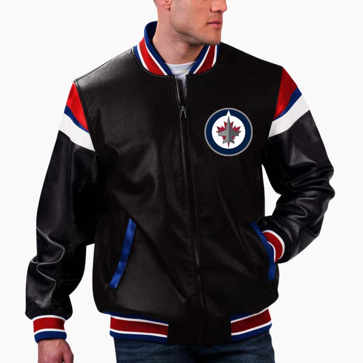 NHL Black Winnipeg Jets Varsity Leather Jacket NHL Black Winnipeg Jets Varsity Leather Jacket