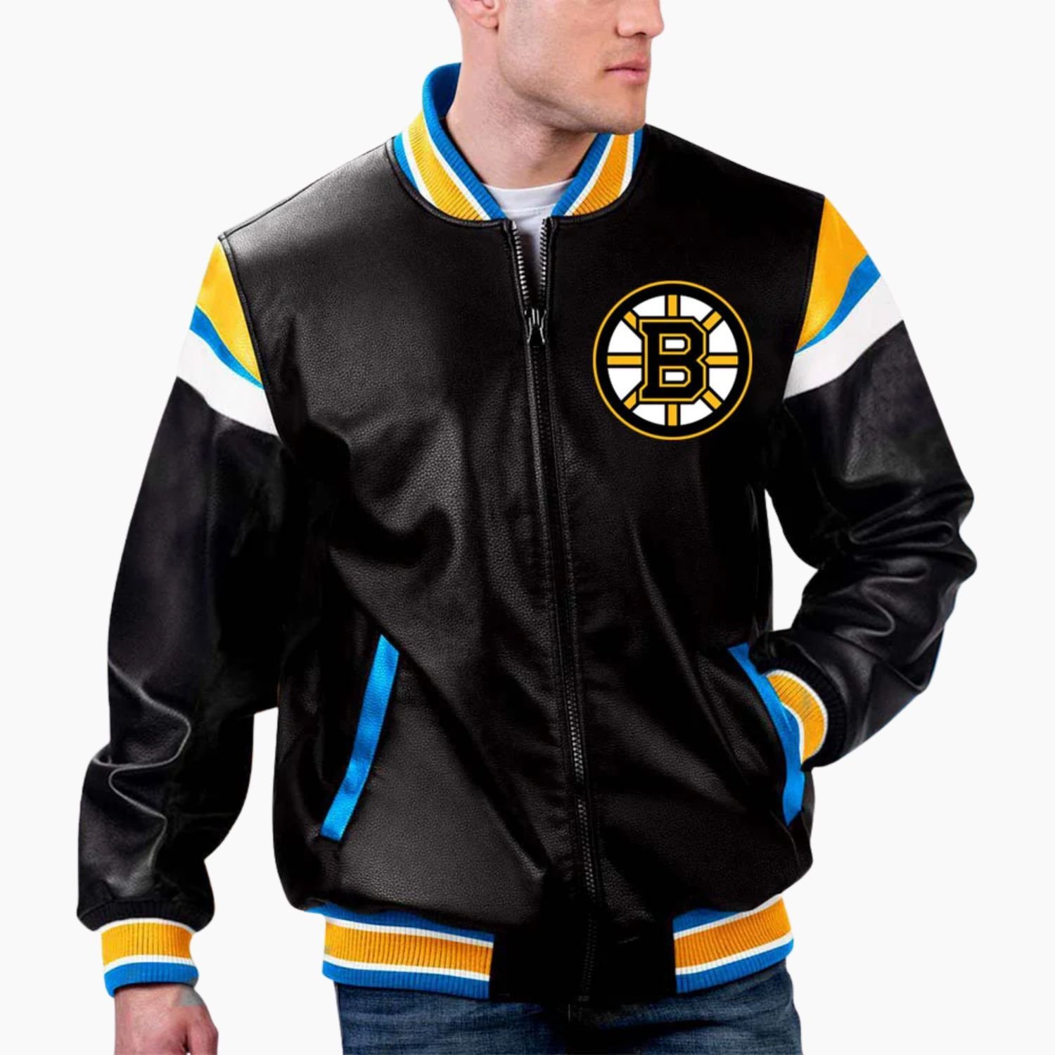 NHL Boston Bruins Black Varsity Leather Jacket NHL Boston Bruins Black Varsity Leather Jacket