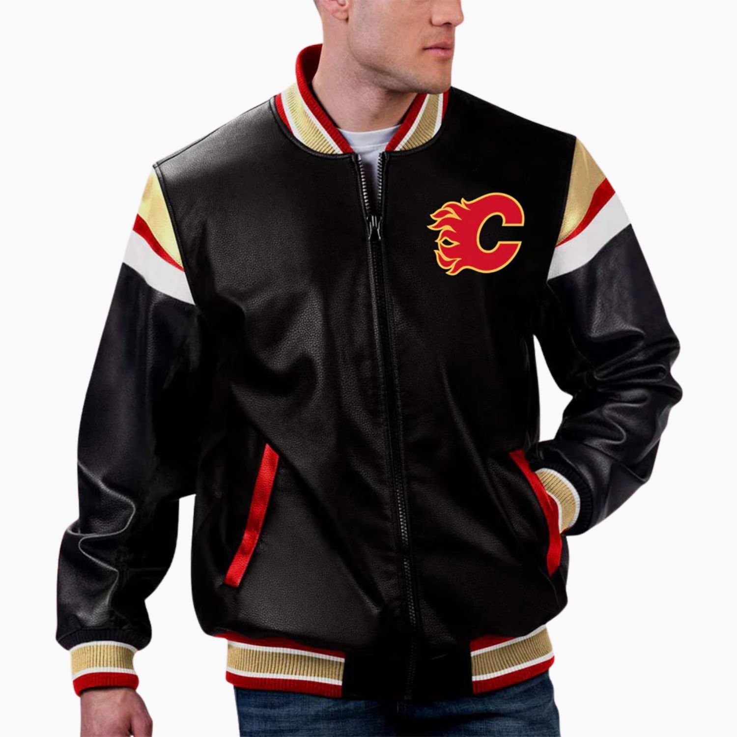 NHL Calgary Flames Varsity Leather Jacket NHL Calgary Flames Varsity Leather Jacket