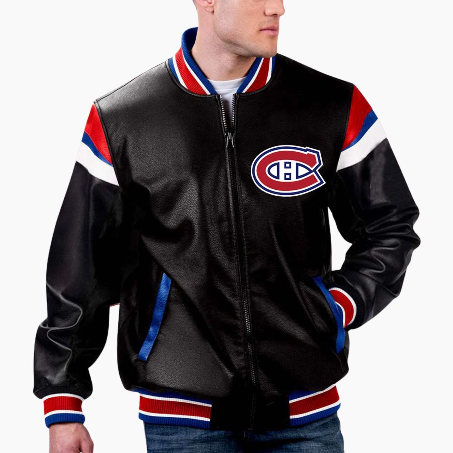 NHL Montreal Canadiens Pregame Varsity Leather Jacket NHL Montreal Canadiens Pregame Varsity Leather Jacket