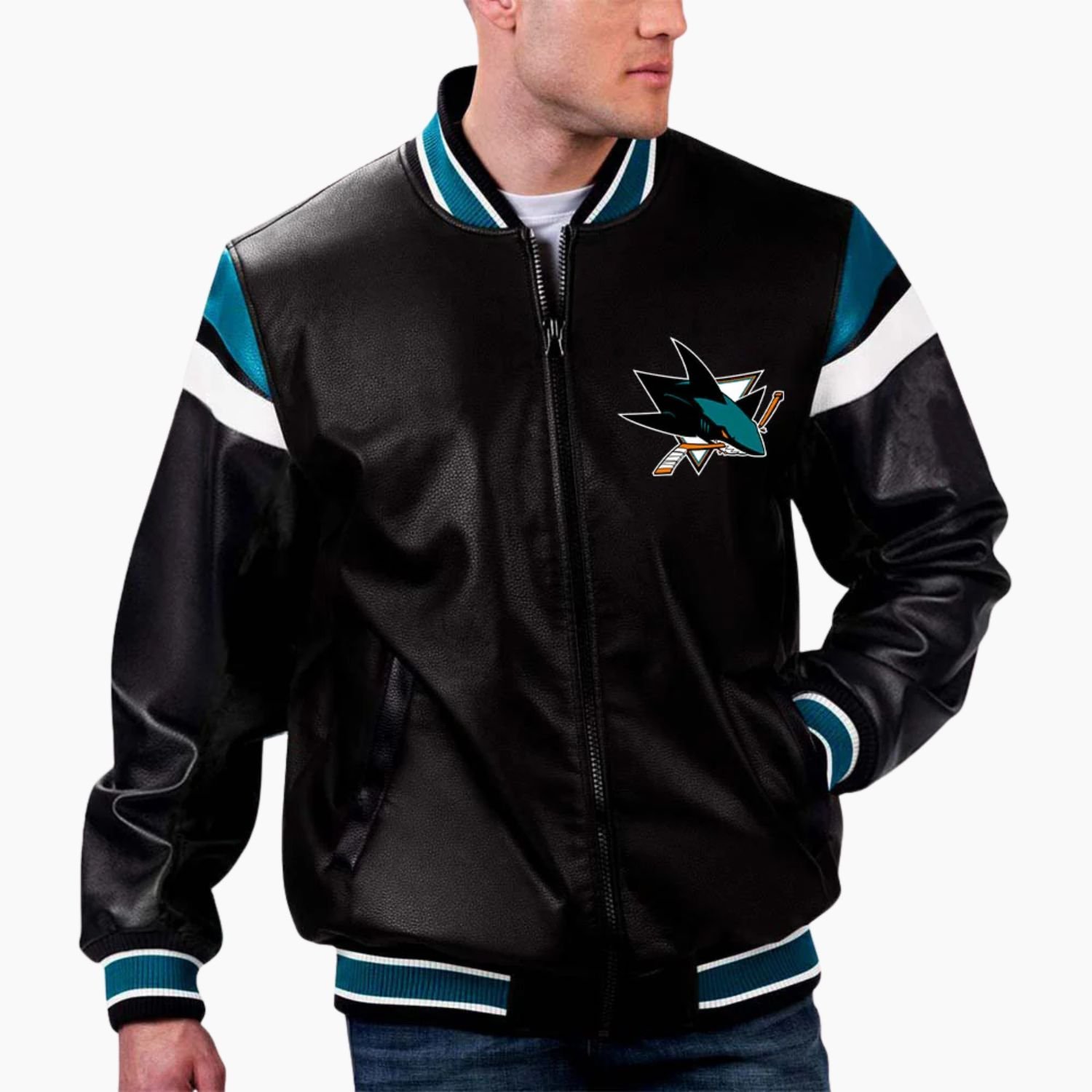 NHL San Jose Sharks Varsity Leather Jacket NHL San Jose Sharks Varsity Leather Jacket