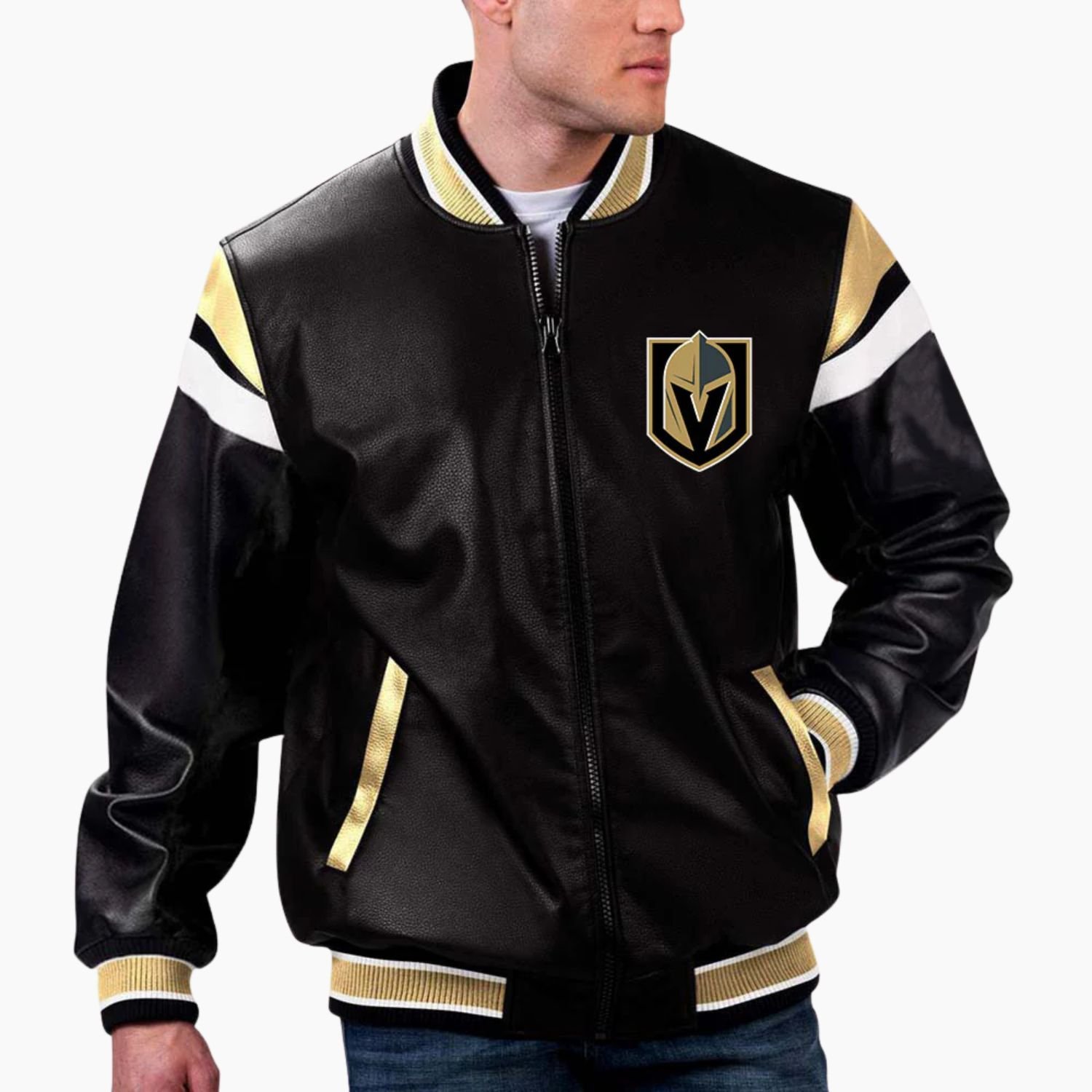 NHL Vegas Golden Knights Varsity Leather Jacket NHL Vegas Golden Knights Varsity Leather Jacket