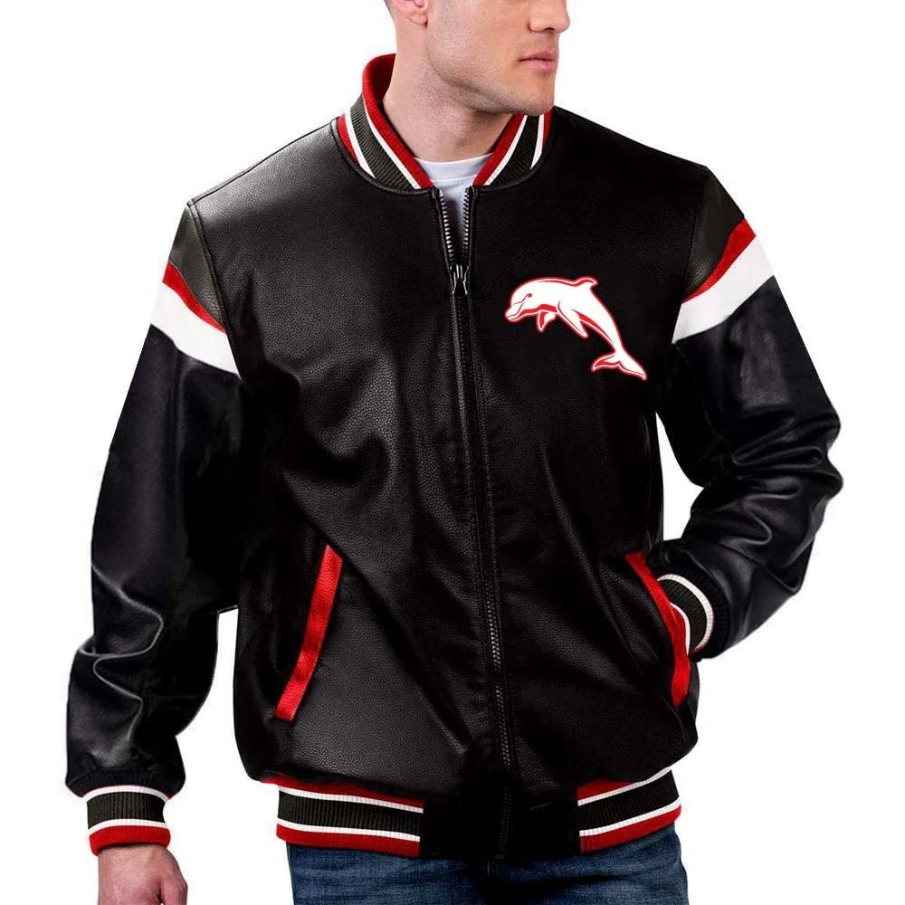 NRL Dolphins Varsity Leather Jacket NRL Dolphins Varsity Leather Jacket