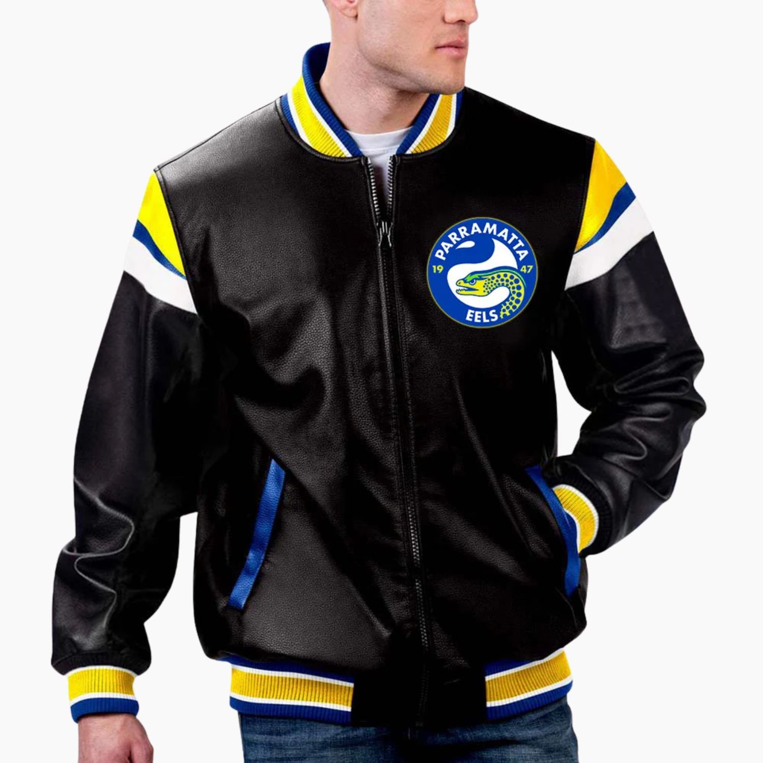 NRL Parramatta Eels Varsity Leather Jacket NRL Parramatta Eels Varsity Leather Jacket