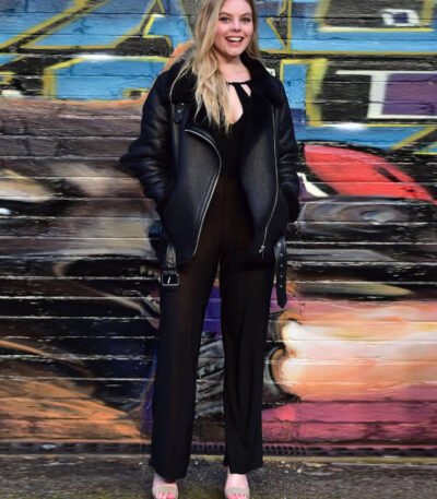 Nell Hudson at the Guardians of the Galaxy Shearling Leather Coat