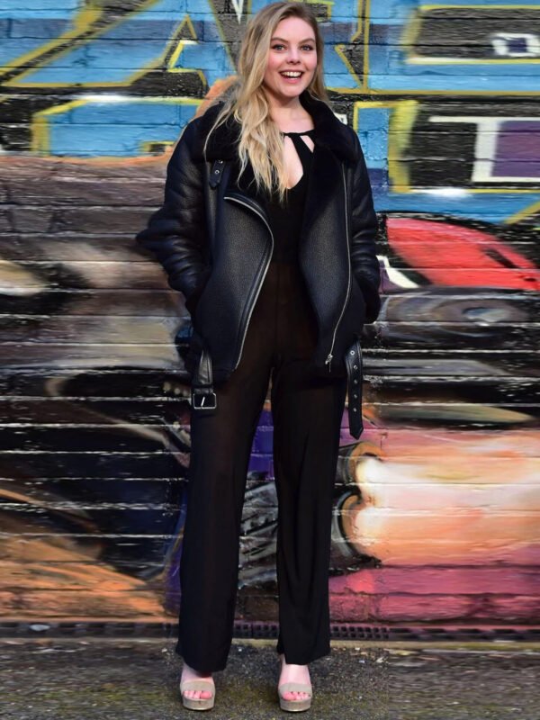 Nell Hudson at the Guardians of the Galaxy Shearling Leather Coat