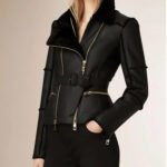 New Stylish Genuine Leather and Genuine Shearling Biker Moto Jacket Black