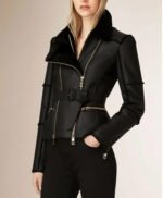 New Stylish Genuine Leather and Genuine Shearling Biker Moto Jacket Black
