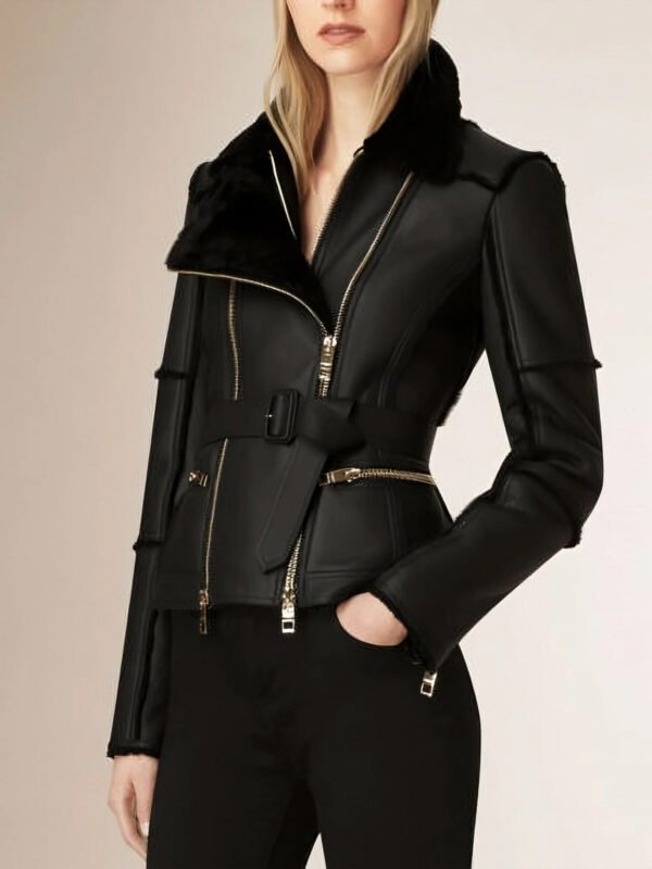New Stylish Genuine Leather and Genuine Shearling Biker Moto Jacket Black