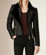 New Stylish Genuine Leather and Genuine Shearling Biker Moto Jacket Black