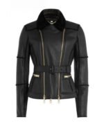 New Stylish Genuine Leather and Genuine Shearling Biker Moto Jacket Black
