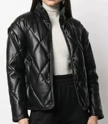 New Women Black Puffer Leather Jacket