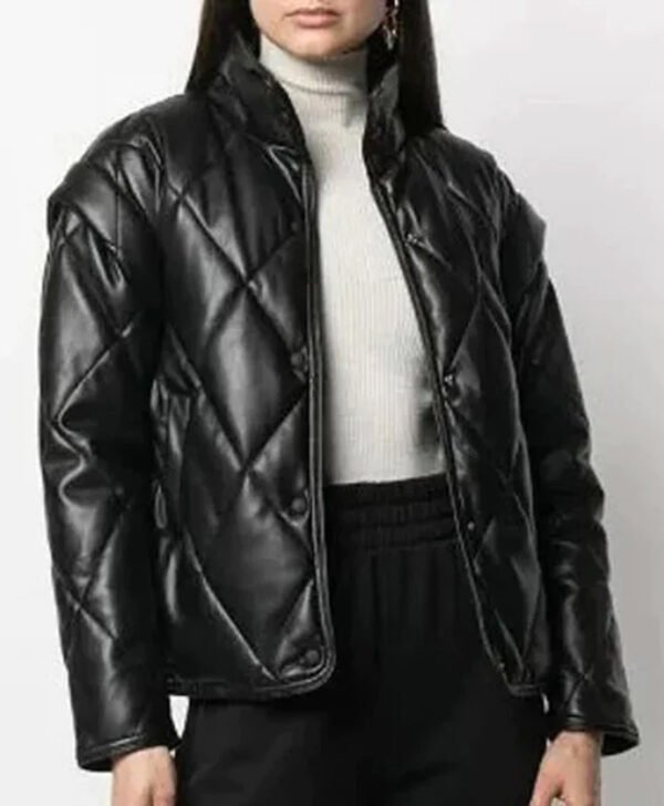 New Women Black Puffer Leather Jacket