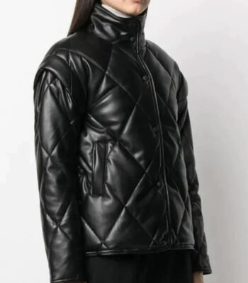 New Women Black Puffer Leather Jacket