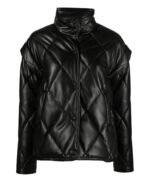 New Women Black Puffer Leather Jacket