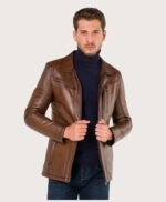 Original Horizontal Vertical Zipper Brown Leather Jacket