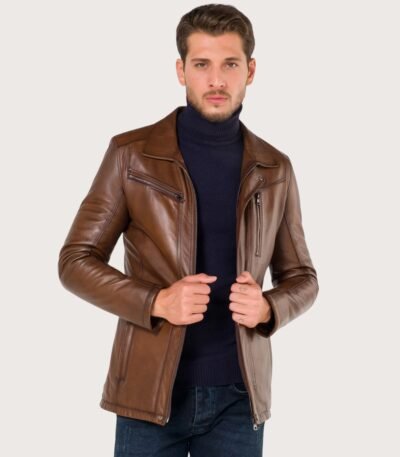 Original Horizontal Vertical Zipper Brown Leather Jacket