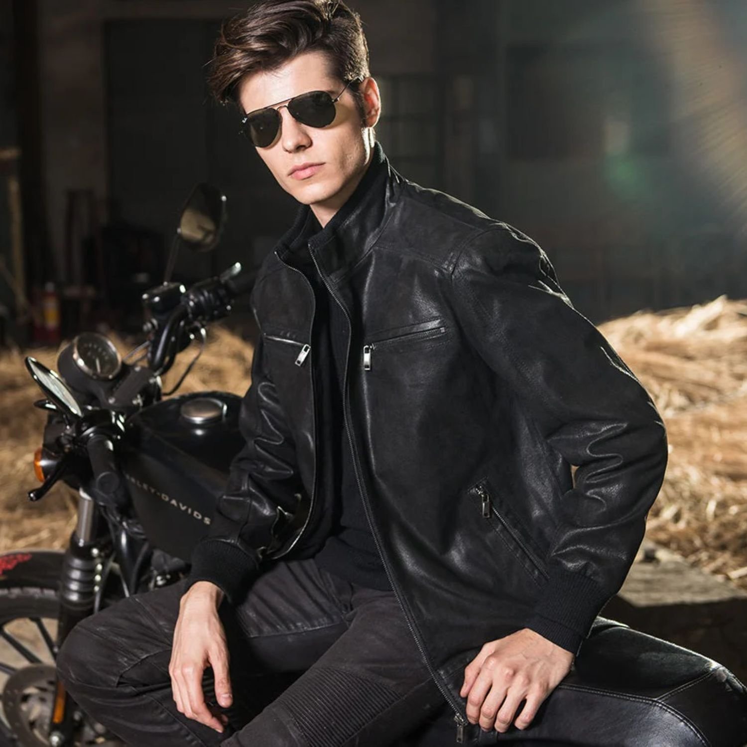 Party Style Mens Black Leather Biker and Bomber Jacket Party Style Mens Black Leather Biker and Bomber Jacket