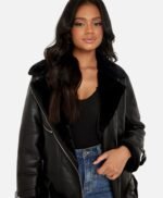 Petite Genuine Fur Leather Lined Aviator Jacket