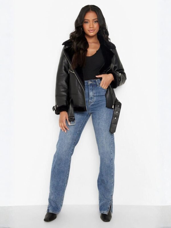Petite Genuine Fur Leather Lined Aviator Jacket