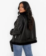 Petite Genuine Fur Leather Lined Aviator Jacket