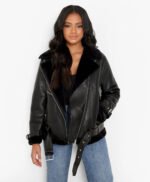 Petite Genuine Fur Leather Lined Aviator Jacket