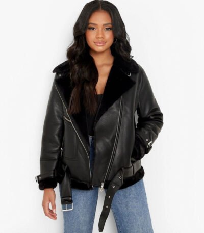 Petite Genuine Fur Leather Lined Aviator Jacket